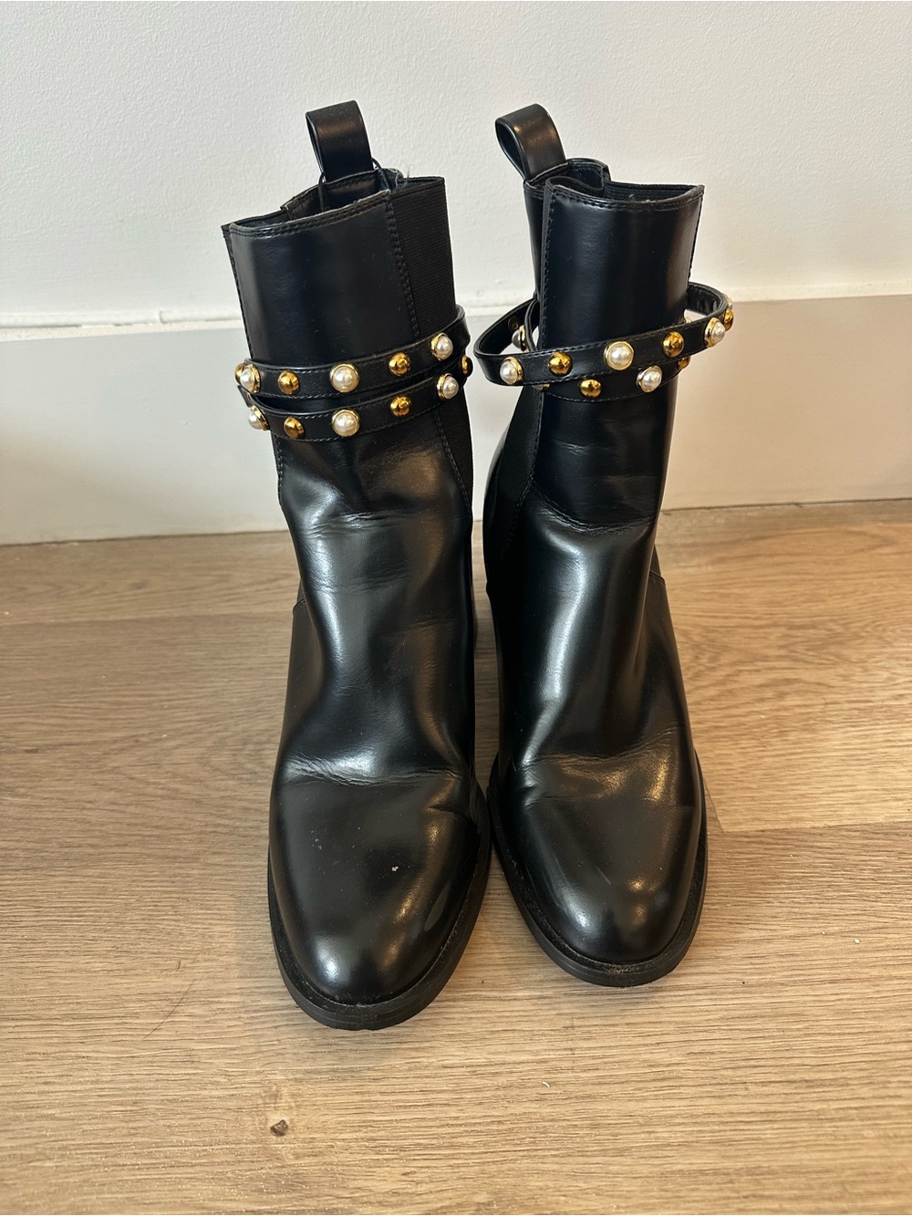Zara Black Leather Ankle Boots with Gold & Pearl Studded Strap